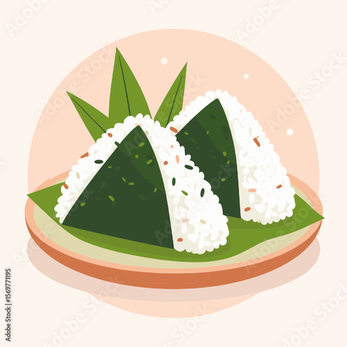 Two Onigiri Rice Balls Wrapped in Seaweed on a Plate with Green Leaves in Flat Lay Style