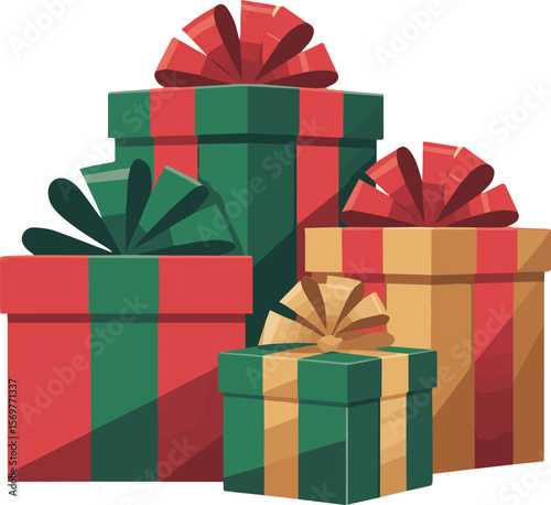 Festive collection of assorted gift boxes with ribbons and bows presented in a vibrant cmyk color palette for celebratory occasions and holiday packaging designs