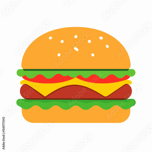 Vibrant Burger Illustration with Lettuce Cheese Tomato and Two Buns on a Plain White Background