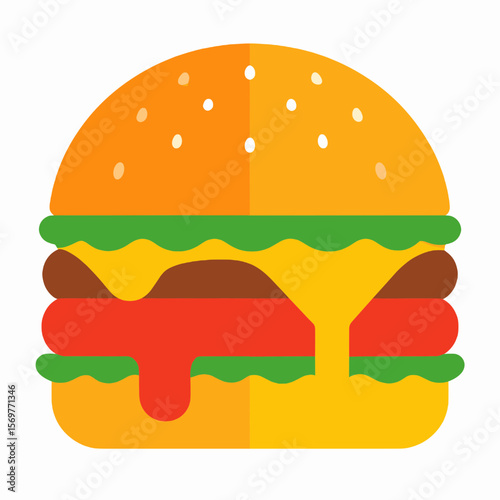 Vibrant Burger Illustration with Cheese Tomato and Lettuce on White Background A Culinary Icon of a Delicious Fast Food Meal with Bold Colors