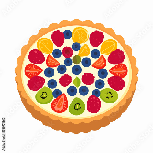 Vibrant Fruit Tart with Assorted Berries and Citrus Fruits on a Light Crust Dessert Against White Background