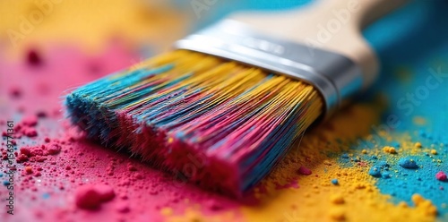 Vibrant Multicolored Paint on Artists Brush, Ready for Application. Close-up Detail of Bristles Showcasing Texture and Color. Ideal for Painting, Art, and DIY Projects.