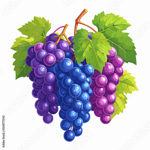 Vibrant Pixelated Purple and Blue Grapes with Green Leaves on a White Background Still Life