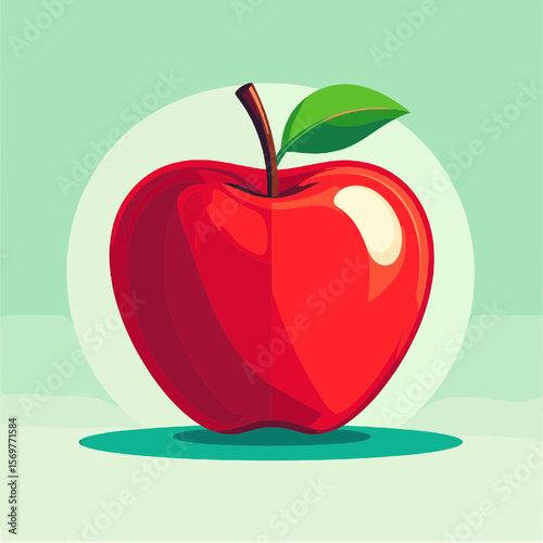 Vibrant Red Apple with Green Leaf on Light Green Background Still Life Digital Pixel Art