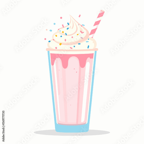 Whimsical Pink Milkshake with Whipped Cream and Colorful Sprinkles in Tall Glass with Straw