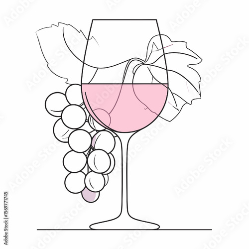 Wine Glass with Grapes Drawing Illustration of Wine Beverage Artwork In White Background