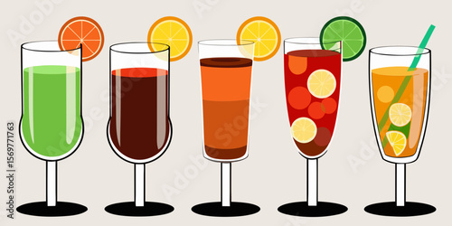 Cold fruit juice, a refreshing red wine, and a sweet pink cocktail with ice are isolated for a summer party