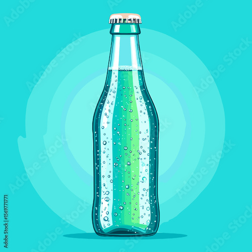 Pixelated Glass Water Bottle with Cyan Background and Geometric Water Drop Pattern in Refreshing Drink Illustration