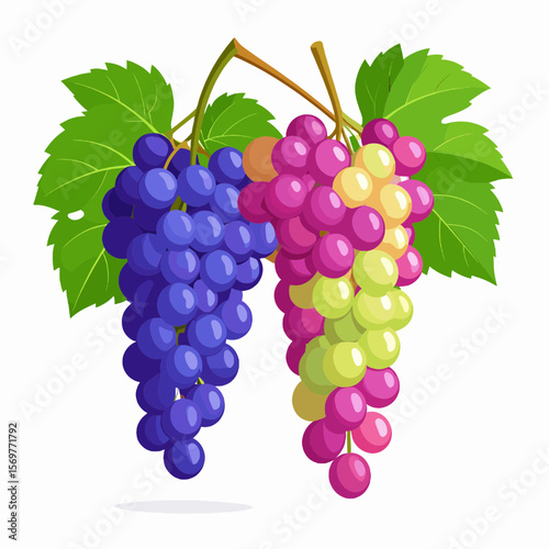 Pixelated Grapes in Purple and Green with Leaves on White Background in Still Life