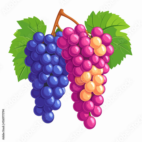 Pixelated Grapes with Vibrant Purple and Green Leaves on White Background Fresh Fruit Still Life