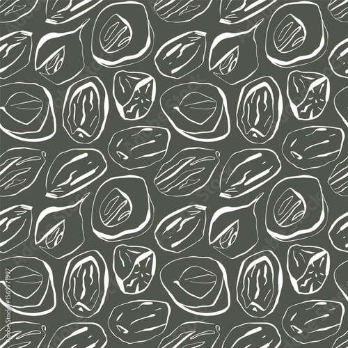 Seamless nutmeg pattern with hand-drawn outline on dark olive background for packaging and kitchen branding