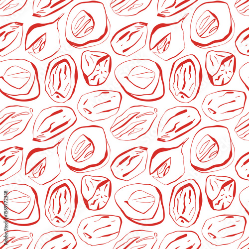 Nutmeg seamless pattern in red line style on white background for modern kitchen packaging and textile