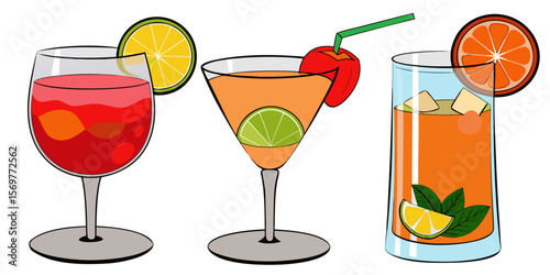 
Vibrant cocktail, champagne, and juice drinks in a glass set with ice, lemon, and fruit for summer party celebrations