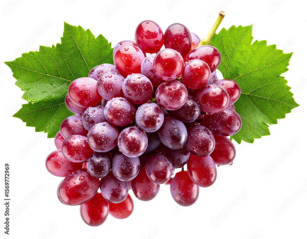 Fototapeta premium Fresh Red Grape Cluster with Green Leaves, Overhead View, Isolated on Transparent Background
