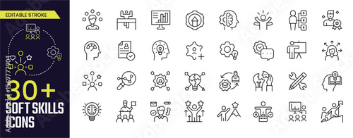 Soft Skills Stroke icon collections. Containing Communication,Speaking, Innovation, Motivation, Presentation Skills, Confidence, and Career Growth icons. Editable Stroke icon collection Outline icon