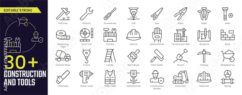 Construction and Tools Stroke icon collections. Containing Power Tools, Worker, Blueprint, Construction, Screwdriver, and Cement Mixer icons. Editable Stroke icon collection Outline icon