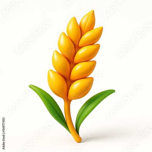 Stylized 3d render of a golden wheat stalk with green leaves isolated on white background