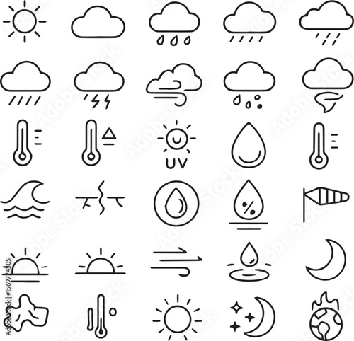 Weather, Climate line icon set. Vector pictograms of storm, rain, thunderstorm, snow, hurricane forecast, UV index, hail, thermometer thin linear illustration. 