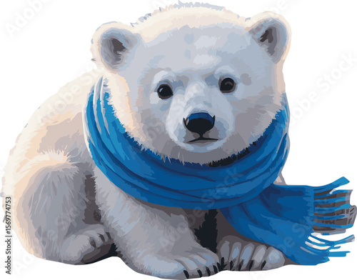 Charming vector illustration of polar bears and penguins wearing colorful scarves in a winter scene