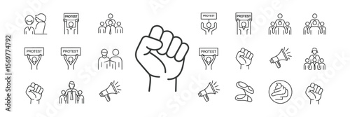 Activism Outline Icons Set with Raised Fist, People with Protest Signage, Megaphone