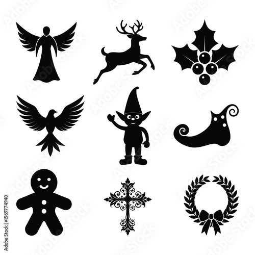 A festive set of nine black silhouette vector icons featuring angel, reindeer, elf, holly, bird, gingerbread man, cross, wreath, and decorative shoe for Christmas designs.