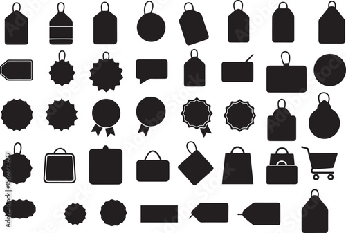 A diverse collection of black silhouette tags and labels in various shapes, perfect for e-commerce, pricing, sales, marketing, and organizational design elements