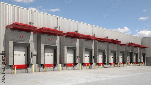 Industrial storage facility with loading dock, dock levelers, and metal doors
