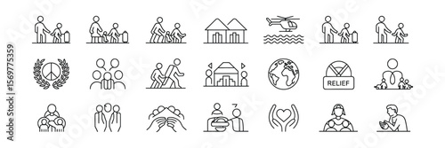 Black Line Style Aid and Humanitarian Linear Pictogram Icons on Transparent