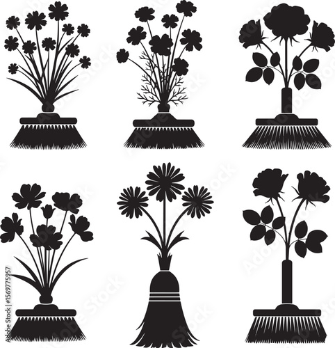 A playful collection of flower bouquets arranged within household brooms, offering a unique and whimsical take on cleaning, nature, and creative home decor concepts