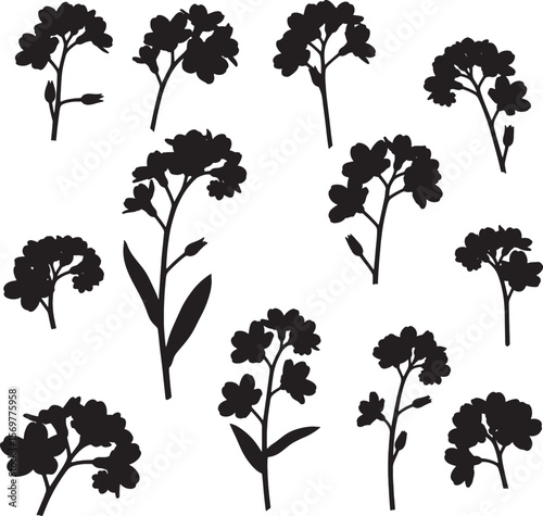 A comprehensive collection of various flower silhouettes, featuring detailed blossoms and delicate stems, perfect for botanical illustrations, natural patterns, and elegant floral design elements