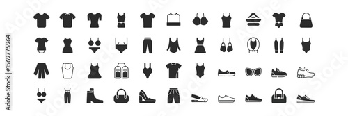 Clothing and Accessories Icons Set, Fashionable Apparel, Shoes, and Bags on White