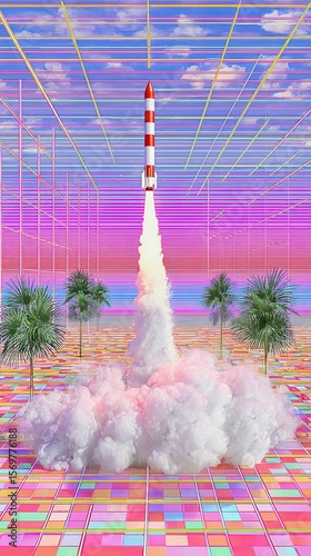A vibrant digital illustration of a business rocket launching into a neon sky