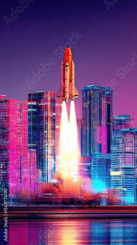 A vibrant digital illustration of a business rocket launching into a neon sky
