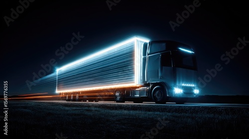 Long exposure of cargo truck at night creating light streaks under highway lights