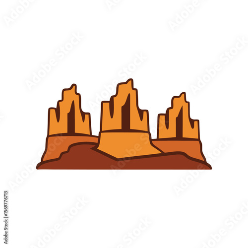 Three orange rock formations rise from a brown desert landscape