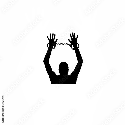 Silhouette of person lifting hands in surrender on white background