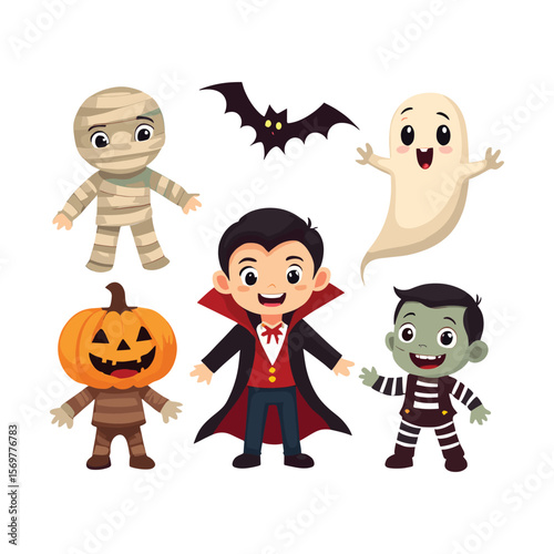 Group of Halloween Characters Including Dracula, Mummy, and More