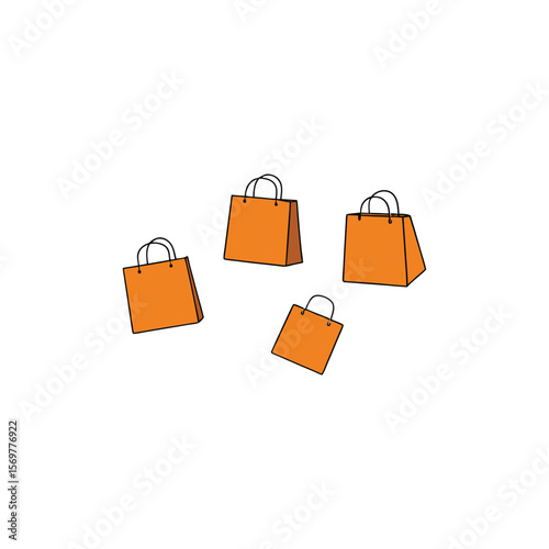 Four orange shopping bags float against a white background