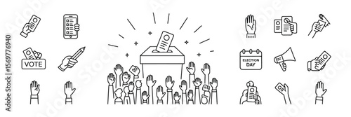 Election Line Art Voting Box with Hands, Pencil, Ballot Icons on Transparent