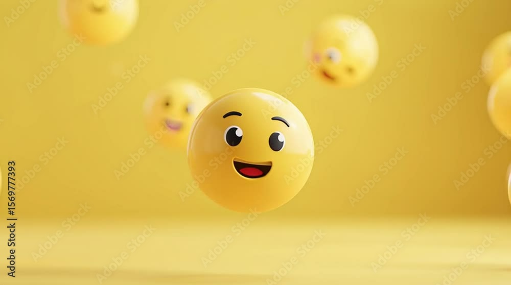 Floating 3D Emoji Faces on Bright Yellow Background – Playful and Colorful Social Media Concept with Smileys, Modern Communication Symbols, Joyful Expressions, and Digital Pop Art Style
