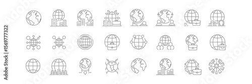 Global Business Icons, Gray Line Style Symbols, World Trading on Transparent Background