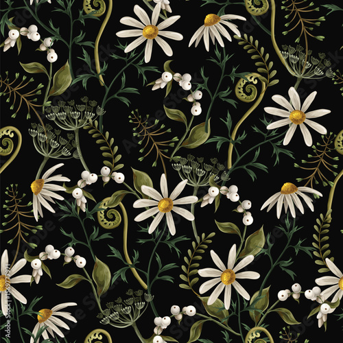 Seamless pattern with chamomile, fern and other wild flowers. Vector.