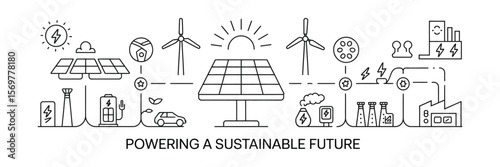 Line Art of Solar Panels, Wind Turbines, Electric Car and Industry on White