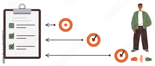 Clipboard with checklist, target icons connected by arrows, and smiling individual symbolizing progress, organization, and goals. Ideal for productivity, planning, task management, motivation