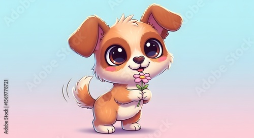 Adorable Cartoon Puppy with Flower Cute Pet Illustration for Children and Pet Lovers 