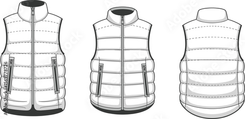 CAD drawing flat vector illustration, technical fashion vest, puffer sleeveless jacket, front back side view, apparel template, clothing design