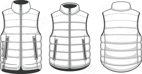 CAD technical flat vector illustration of padded puffer vest, front side back view, sleeveless jacket, zipper pockets, winter apparel design