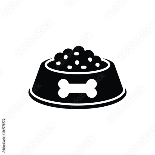 Black and white icon of a dog food bowl filled with kibble and a bone symbol