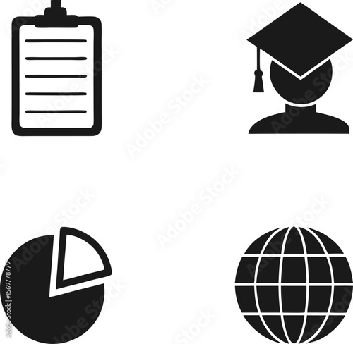 Four educational icons including a clipboard graduate pie chart and globe silhouette