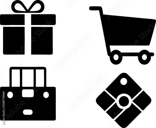 Set of four black vector icons representing shopping and gifts